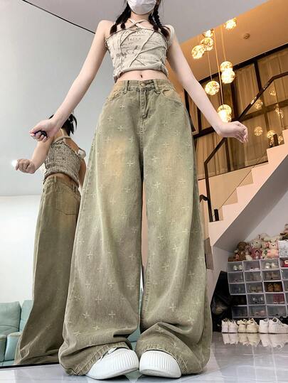 复古做旧宽松直筒牛仔裤