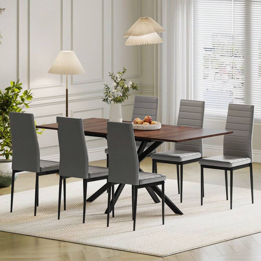 Extendable Dining Table And Chairs Set Of 6,Dark Wood Grain Table With 6 Grey High Back Dining Chairs,Modern Dining Table Set For Home/Kitchen,120cm - Wood Grain Table+6 Gray Chairs - View 1