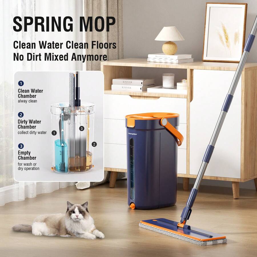 Mop And Bucket Set With Wringer, 3-Tank Flat Mop And Bucket System, Wall Mop Cleaner With Long Handle, Hands Free Mops For Floor Cleaning With 2 Microfiber Pads - Blue - View 1