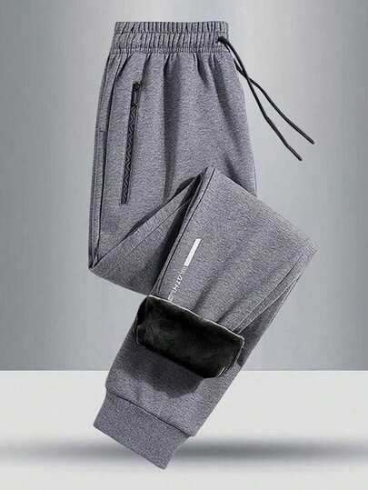 Pantalones deportivos casuales para adolescentes con forro polar, gruesos, con decoración de estampado gráfico reflectante, bolsillos con cremallera lateral, bajo con puño de unicolor simple, para invierno