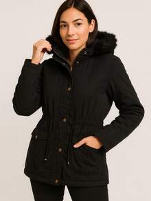 Chamarra de mujer con peluche en capucha y botones, abrigo casual elegante - Negro - Ver 1