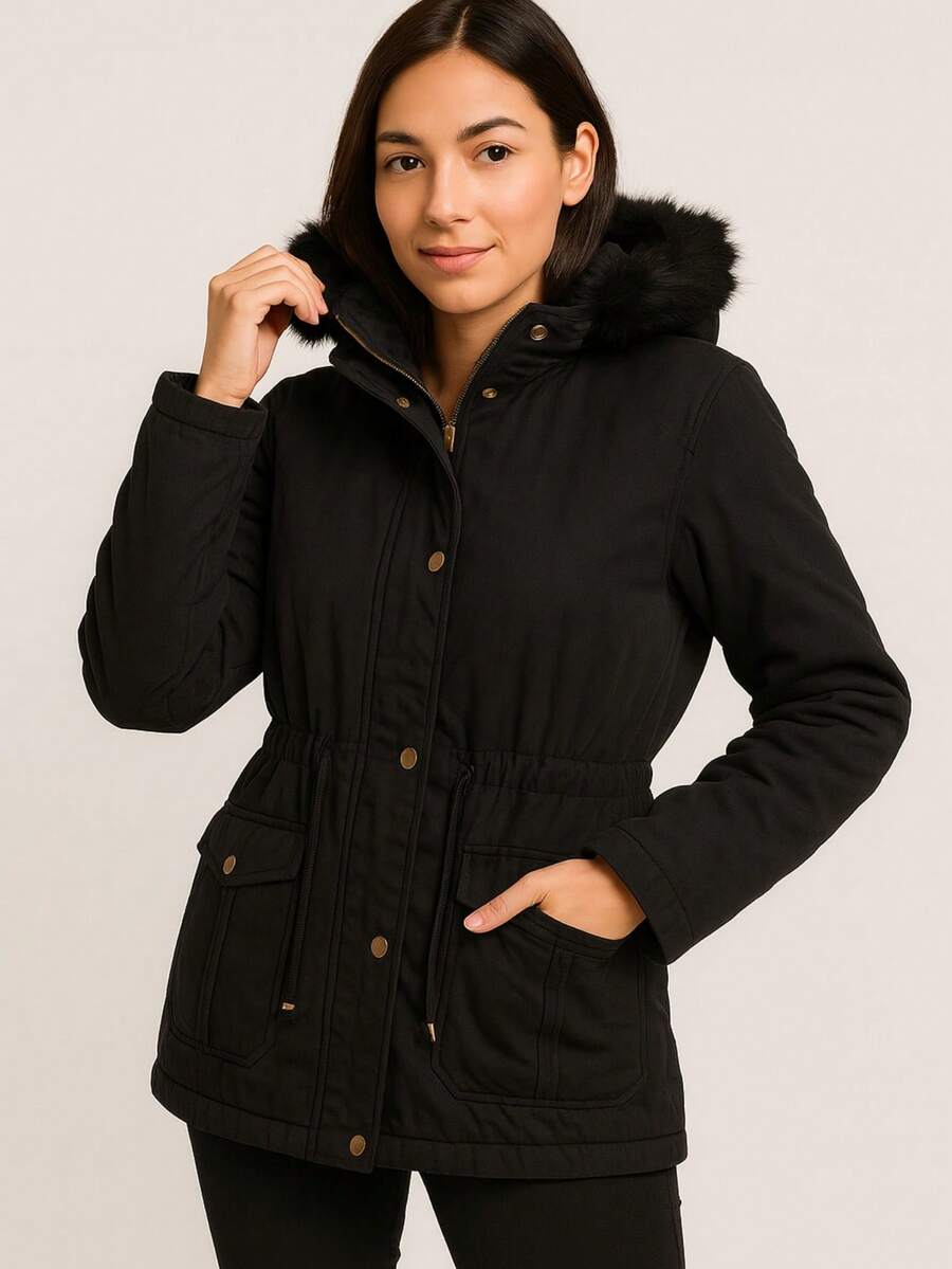 Chamarra de mujer con peluche en capucha y botones, abrigo casual elegante - Negro - Ver 1