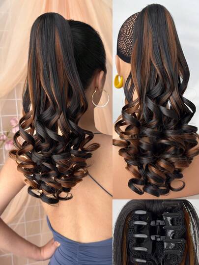 Acessório de Cabelo Extensão de Rabo de Cavalo com Formato de Garra, Fibra Sintética Resistente ao Calor Onda Longa de 14 Polegadas Multi-Cor, Adequado para Festas e Uso Diário de Mulheres