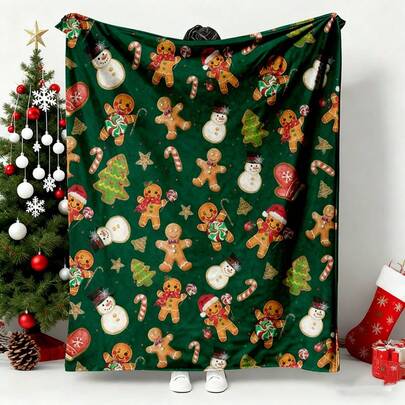 1 peça Feliz Natal, Chapéu de Natal de Homem de Gengibre, Elementos de Papai Noel e Boneco de Neve, Manta de Flanela, Adequada para Diversas Ocasiões, Perfeita para o Sofá, Viagens, Decoração de Casa e Quarto, Ideal para Presentear Família e Amigos, Lavável à Máquina, Estampa Digital, Estilo Moderno, É o Presente Perfeito para o Natal