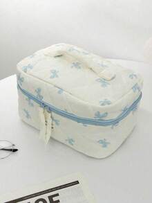 Light Blue Bow Print Large Capacity Makeup Bag, Multi-Functional Cosmetic Organizer Pouch, Wallet Style Storage Bag, Portable Makeup Brush Holder, Zipper Closure Organizer Bag For Skincare, Cosmetics, Lip Balm, Sunscreen, Hand Cream, Earphones, Coins, Stationery, Small Items, Travel Essential, Cruise Essential, Dorm Essential, Cosmetic Bag, Cosmetic Storage Box, Cosmetic Organizer, Clutch, Women's Clutch, Women's Gift, Christmas Gift, Great Gift For Her - Baby Blue - View 13
