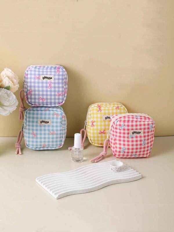 1 Pc Women Mini Plaid Lipstick Bag Travel Small Bowknot Pattern Zipper Design Suitable For Cosmetic Lipstick Jewelry Tissues Sanitary Napkins Bag