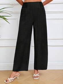 2025 New European & American Style Women's Spring/Summer Fashion Solid Color Elastic Waist Wide Leg Pants, Loose Comfortable Versatile Casual Trousers For Daily Wear - Black - View 3