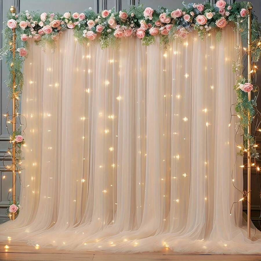 2pcs Champagne Color Party Backdrop Tulle - 118*59 Inch Soft Polyester Mesh Tulle - Suitable For Theme Parties, Graduation Ceremonies, Bridal Showers, Engagements, Weddings, Arches, Stage Decor, Banquet Backdrops, Valentine's Day Gifts, Bridal Shower, Indoor And Outdoor Use - Champagne - View 1