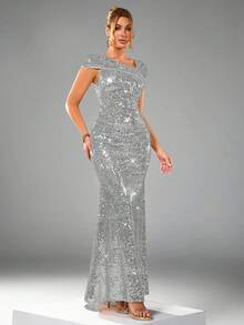 CHOSMO New Sequin Wedding Dress, Fitted High Waist Formal Gown, Elegant Backless Slit Maxi Dress - Silver - View 6