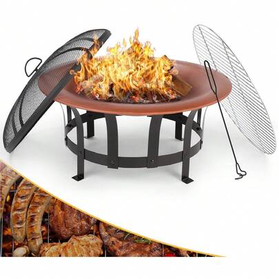 30'' Round Fire Pit,Outdoor Fire Bowl With Grill,Garden Stove Brazier For Barbecue,Heating,Patio Heater