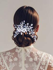 1 pieza Accesorio para el cabello hecho a mano con cristal y perla falsa, peineta para mujer para uso diario, fiesta, fotografía, peinado recogido, adecuado para boda, baile, banquete, accesorios del Día de San Valentín - Plateado - Ver 8