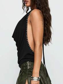 Women's Halter Vest Tops Deep V Cowl Neck Backless Rivet Going Out Tank Tops Cowl Neck Tank Tops Summer Backless Cute Ruched Casual Shirts - Black - View 3
