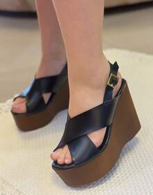 Rosavivi Women's Wedge Sandal High Platform Wooden Heel Cross Straps Comfortable Lightweight Modern - màu đen - Xem 2