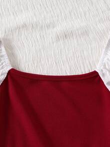 女童公主裙，方领，网眼拼接袖，蝴蝶结装饰，春秋季 - 酒紅色 - 查看 3