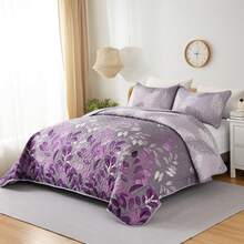 3Pcs Purple Leaf Queen King Double Bedspread Coverlet Bedding Sets (1 Quilt + 2 Pillow Cases),Botanical Leaves Printed Bedspread Bedding Set, Microfiber Floral Coverlet Bedding Set For Wedding Items, Valentines Day Home Bed Room Decor, Mothers Day Gift, All Season - Purple01 - 查看 2