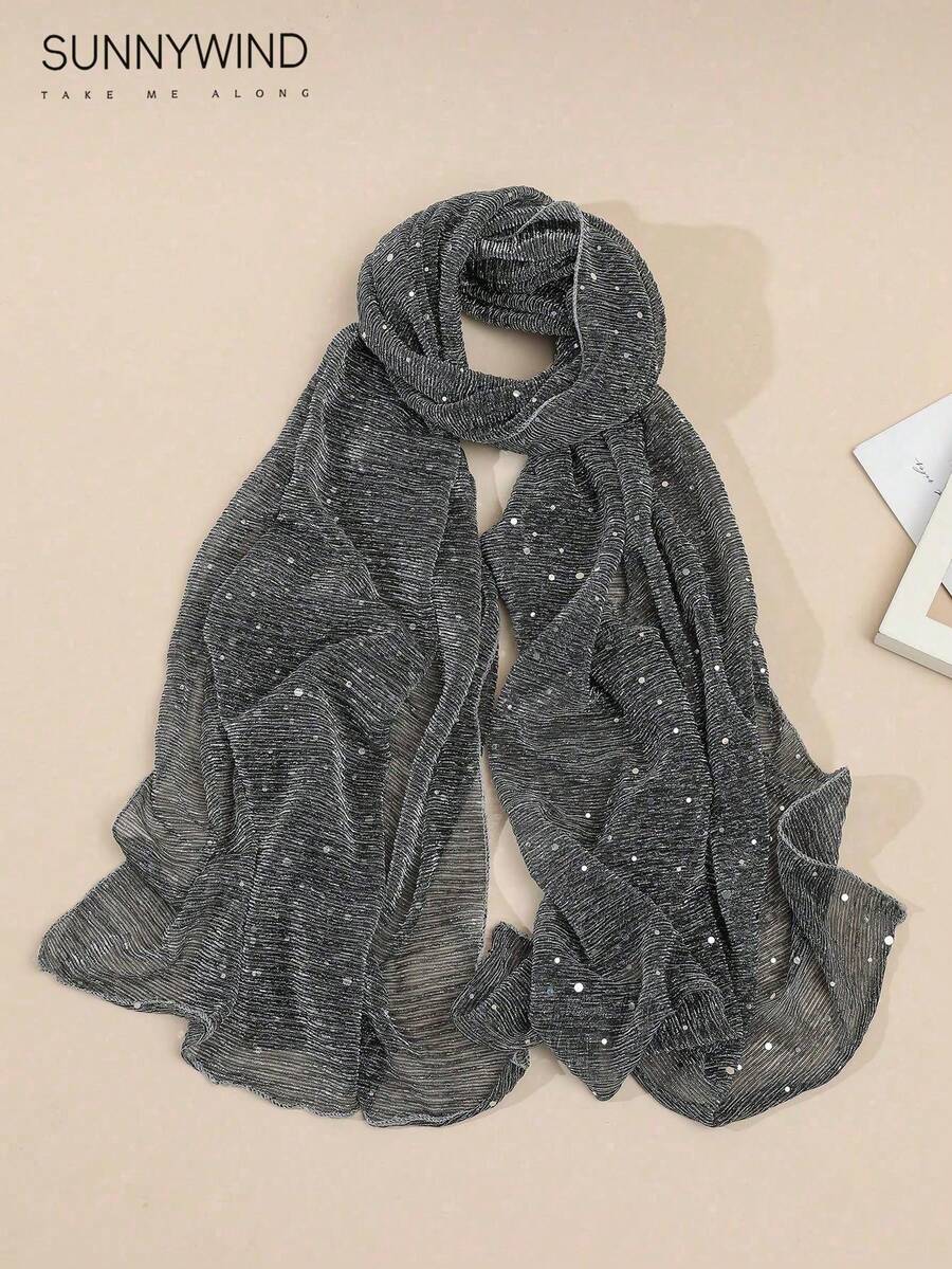 1 Khăn choàng cổ Polyester sequin bóng trơn màu dành cho nữ, đa năng cho các bữa tiệc và sử dụng hàng ngày - Bạc - Xem 1