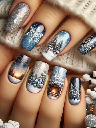 24片圣诞美甲贴片，设计甜美、时尚、高端。雪花圣诞老人礼物装饰——白色和酒红色撞色拼接——欧式中号假指甲，适合女孩和女士。礼盒包含果冻胶和指甲锉。