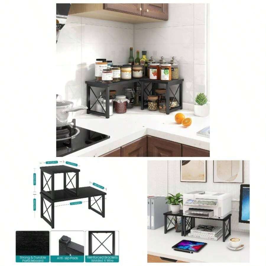 Wood Desktop Shelf, Freestanding Small Bookshelf Dorm Supplies Organizers, 2 Tier Stackable Desk Stand, Adjustable Storage Organizer, Kitchen Counter Display Rack, White - màu đen - Xem 1