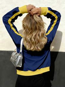 American Street Style Contrast Color Graphic Print Zip-Up Loose Fit Half-Turtleneck Sweatshirt For Women, Suitable For Casual Daily Wear Or Layering In Spring/Summer - Navy Blue - View 4