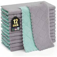 12 Pack Kitchen Dish Cloths (10 X 10 Inches, Cream Yellow), Super Soft And Absorbent Coral Velvet Dish Towels, Nonstick Oil Fast Drying Microfiber Cleaning Cloth, No Lint Household Dishcloths, 2025 - 灰色和綠色 - 查看 1