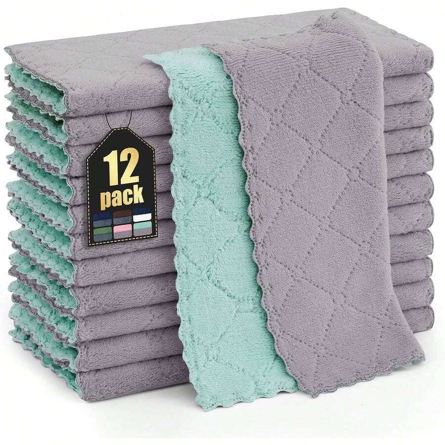 12 Pack Kitchen Dish Cloths (10 X 10 Inches, Cream Yellow), Super Soft And Absorbent Coral Velvet Dish Towels, Nonstick Oil Fast Drying Microfiber Cleaning Cloth, No Lint Household Dishcloths, 2025 - 灰色和綠色 - 查看 1