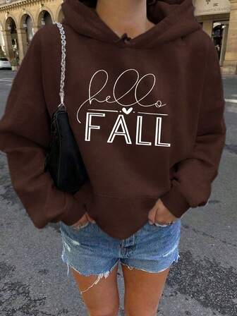 大码女式休闲街头风“Hello Fall”字母印花连帽卫衣，舒适百搭，时尚女装，适合都市出行，抽绳休闲连帽套头衫，秋冬季节必备。长袖休闲上衣，送给她的礼物。