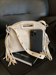 小巧别致的流苏手提包，女士新款个性化多功能托特包，休闲通勤单肩/斜挎包 - 米色 - 查看 8