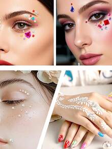 1 Sheet Face Gems Self Adhesive Heart-Shaped Stickers Flat Back Pearls For Craft Hair Face Makeup Nail Cell Phone Scrapbooking Decor, Heart, - Multicolor - View 5