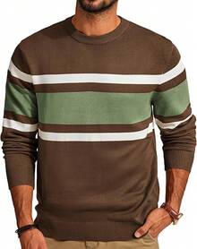 Mens Striped Pullover Sweater Crewneck Contrast Fine Knitted Sweaters - Coffee - 查看 12