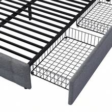 (=622122AAS) Upholstered Bed With 4 Drawers, Double Bed With Slatted Frame, Bed With Storage, Height Adjustable Headboard And Square Stitching Design, Metal Slat Support, Linen Material (140*200, Black) - 灰色+亞麻 - 查看 8