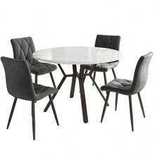 Dining Table Set, Dining Table And Chairs Set (5-Piece Set), Modern And Simple Round Dearmol Dining Table, Gold Metal Table Legs + 4 Ergonomic Velvet Chairs, Beige Dining Chairs - Hitam + Abu-abu + MDF + Baja - View 5