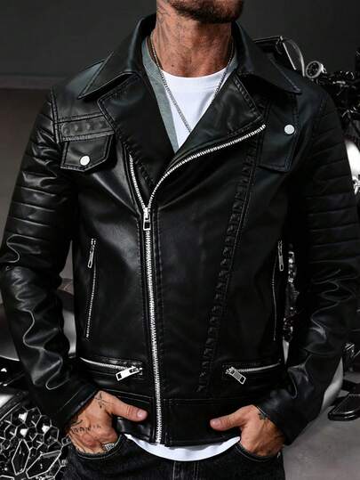 Men's Fall/Winter Jacket With PU Coating Features A Multi-Zipper Design And Fleece Lining To Lock In Warmth During Cold Seasons.