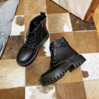 Women's Autumn/Winter Side Zipper Boots, British Style Short Boots, Lace-Up Thick Sole Ankle Boots
