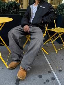 男士宽松水洗牛仔裤，阔腿休闲日常棉质裤，时尚牛仔裤 - 灰色 - 查看 4