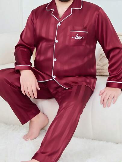 Conjunto de pijama listrado de seda masculino, 2 peças, manga comprida, minimalista, tamanho grande, para todas as estações