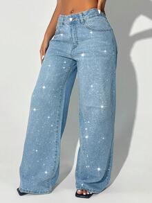 Lässige blaue Jeans der Damen mit tiefer Taille, weitem Bein, Rissen, schrägen Taschen, Kurvenform und Strass-Stickerei - Blau - Übersicht 4