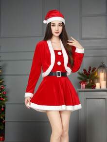 一件圣诞性感圣诞老人服装连衣裙，含披肩，角色扮演套装，适合节日派对、拍照等场合，包含连衣裙和披肩。 - 彩色 - 查看 3