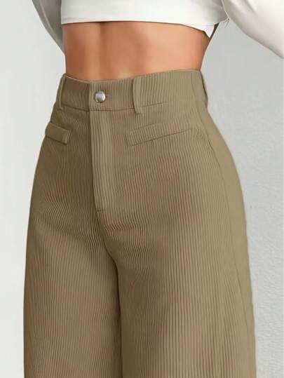 1pc Solid Color Polyester Button Pocket Zipper Pants, Suitable For Daily Wear In Spring, Autumn And Winter