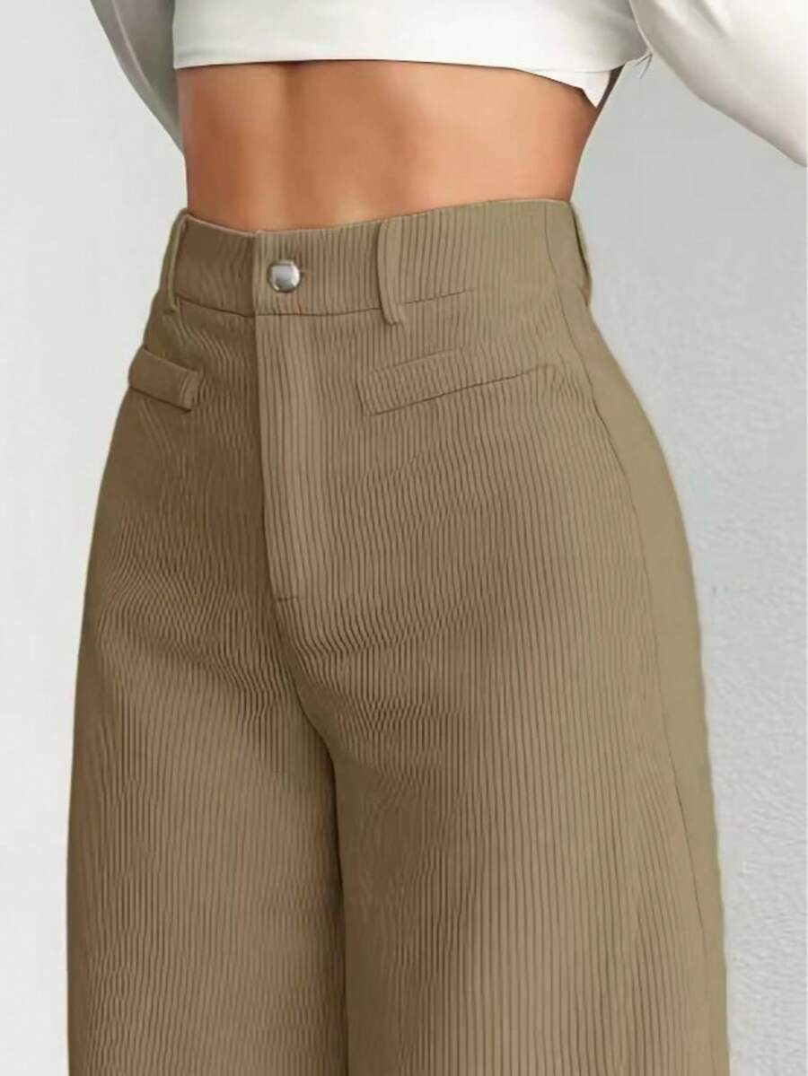 1pc Solid Color Polyester Button Pocket Zipper Pants, Suitable For Daily Wear In Spring, Autumn And Winter - Brown - View 1