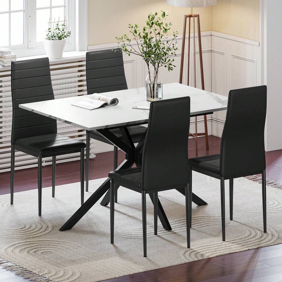 Dining Table And Chairs Set Of 2/4, Folding Round Dining Table With 2 PU Leather Chairs For Dining Room,Kitchen,Living Room - 白方桌+4黑色橫線椅 - 查看 1