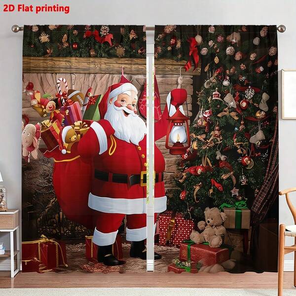 2 pezzi Decorazione natalizia, Tenda da finestra con scena di Babbo Natale invernale, Design con asta a tasca, Decorazione natalizia accogliente per la casa, Adatta per soggiorno, camera da letto, cucina, hotel, ristorante