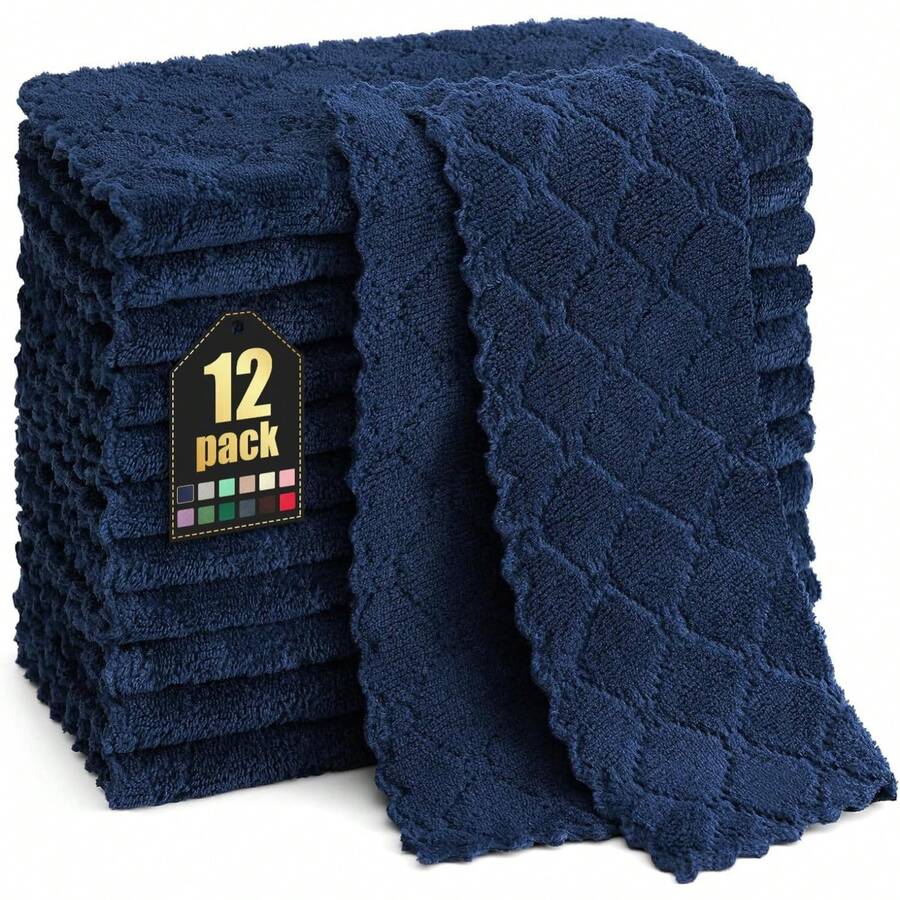 12 Pack Kitchen Dish Cloths (10 X 10 Inches, Cream Yellow), Super Soft And Absorbent Coral Velvet Dish Towels, Nonstick Oil Fast Drying Microfiber Cleaning Cloth, No Lint Household Dishcloths, 2025 - 藏蓝色 - 查看 1