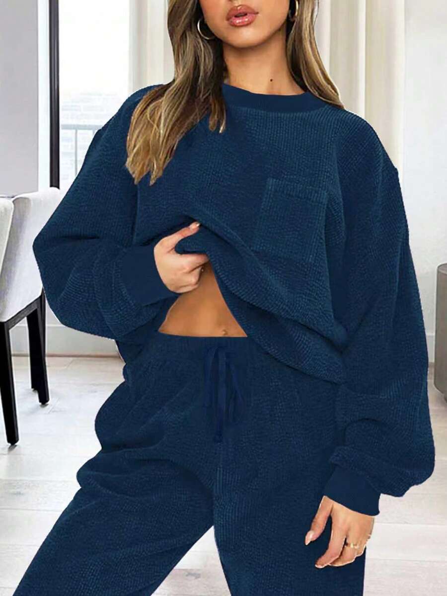 女士纯色舒适圆领长袖上衣和抽绳长裤休闲两件套，情人节/春季服装