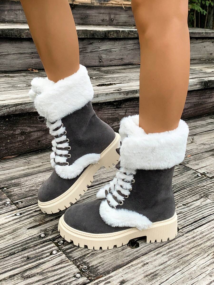 Women's 2025 Mid-Calf Snow Boots - Platform Martini Boots With Plush Thermal Lined & Faux Fur Cuff | Winter Thermal Insulated Slip-Resistant Footwear - Grey - View 1