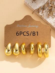 6/18pcs Fashionable New Gold Chunky Twist C-Shape Teardrop Earring Set. Geometric C-Shape Exaggerated Personalized ABS Resin Material Earrings. Creative Vintage Circle Earring Set - Gold - View 2