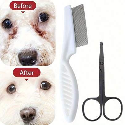 Pet Tear Stain Scissors + Pet Face Brush, White PP Material With Fine Teeth Design, Effective Tear Stain Removal Beauty Care Tool Set