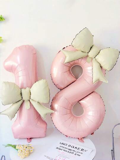 2个40英寸超大粉色数字铝箔气球，带白色蝴蝶结，适合生日派对装饰、周年庆典等场合。
