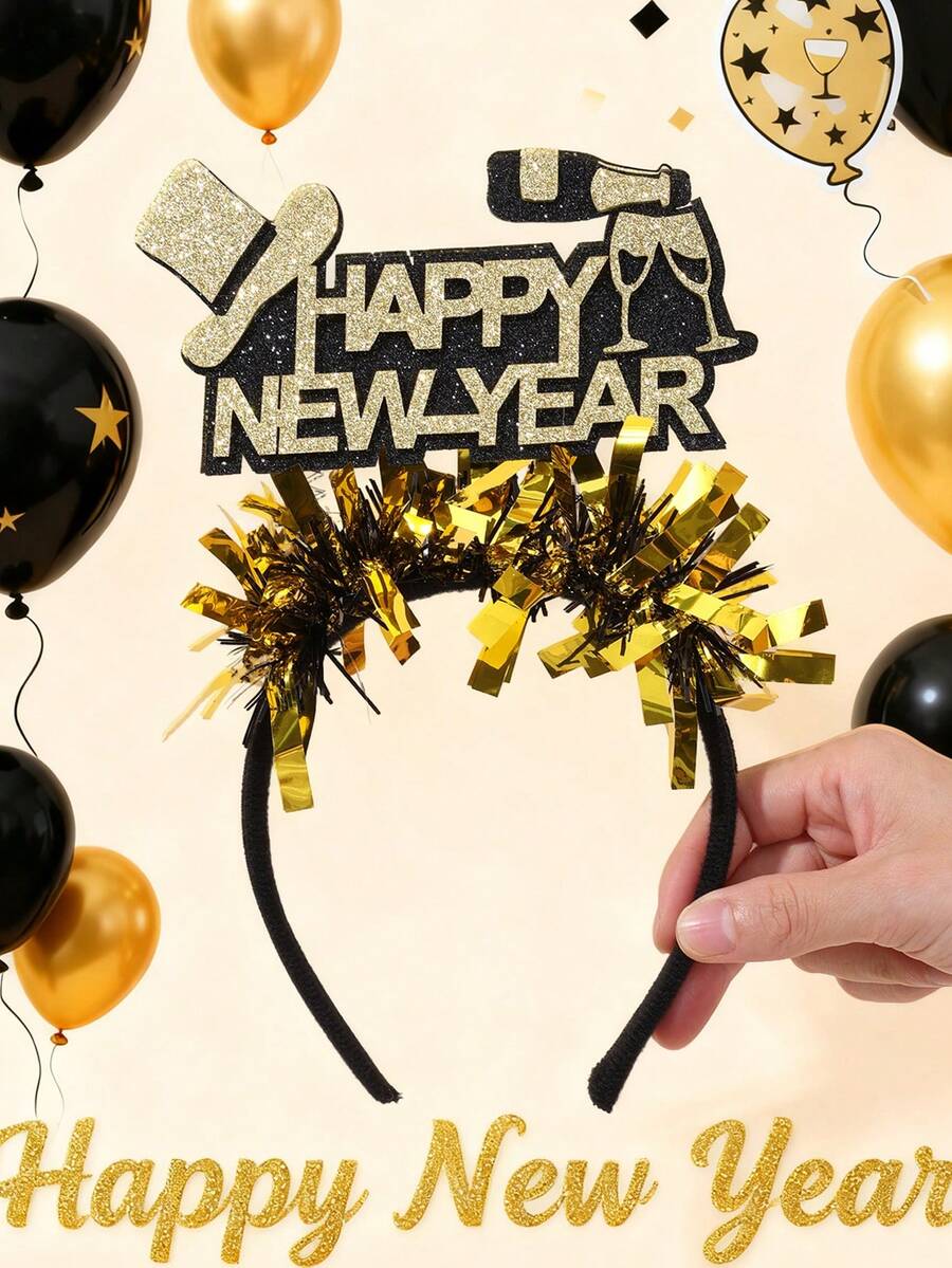 1pc Happy New Year Headband For Girls Sparkling Glitter New Year Hairband Bling Bling Balloon Fireworks Black Gold Foil New Year Headpiece New Year Party And Christmas Celebration Hair Hoop Elegant Unique Headwear For Christmas New Year Gifts Teens Hair Accessories
