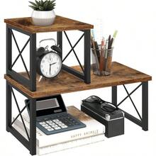 Wood Desktop Shelf, Freestanding Small Bookshelf Dorm Supplies Organizers, 2 Tier Stackable Desk Stand, Adjustable Storage Organizer, Kitchen Counter Display Rack, White - Rustic Brown - 查看 2