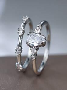 4 件套金色日常可叠戴戒指套装经典扭纹方晶锆石承诺结婚戒指周年纪念订婚戒指女士日常珠宝礼物 - 戒指套裝 - 查看 11